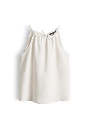 Witte mouwloze blouse met dunne bandjes en een geplooide halslijn, plat weergegeven op een witte achtergrond.