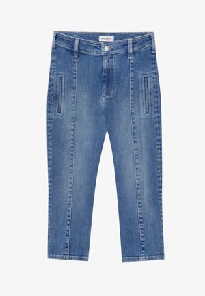 Blauwe denim broek met een rechte pasvorm, voorzien van voorzakken, een knoopsluiting en een middelhoge tailleband. Gladde textuur en zelfs stiksel.