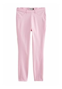 Růžové skinny džíny vyrobené z elastického materiálu, s klasickým pětipocketovým designem, poutky na opasek a hladkou, jednobarevnou texturou.