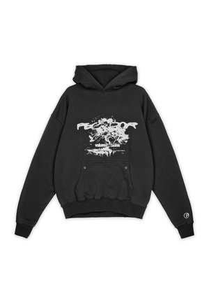 Black hooded sweatshirt with a front pocket, featuring a white graphic print of a tree and text. Ribbed cuffs and hem, soft fabric texture.