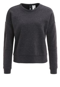Sweat-shirt gris foncé avec un col rond, des manches longues et une coupe décontractée. Présente une texture tachetée et des poignets et un ourlet côtel és.