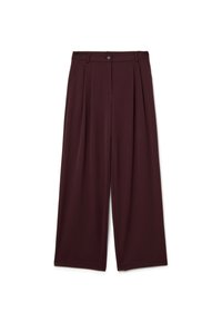 Burgunderfarbene weit geschnittene Hose aus glattem Stoff, mit einem Knopfverschluss, gefaltetem Vorderteil und Seitentaschen.