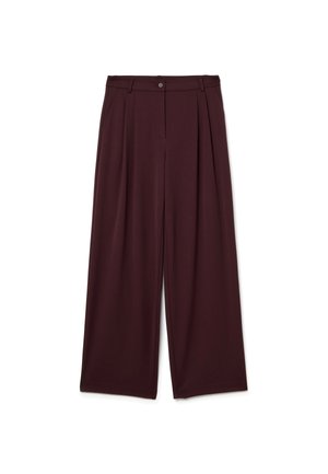 Pantalones de pierna ancha burdeos fabricados en tejido suave, con cierre de botón, frente con pliegues y bolsillos laterales.