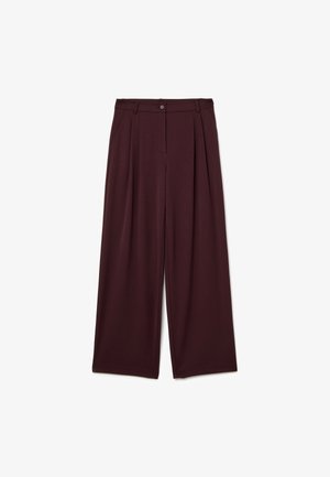 Burgunderfarbene weit geschnittene Hose aus glattem Stoff, mit einem Knopfverschluss, gefaltetem Vorderteil und Seitentaschen.