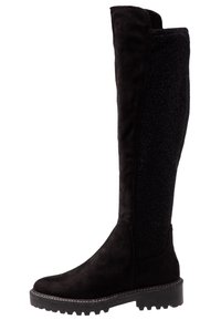 Schwarze kniehohe Stiefel aus einer Kombination von mattem Wildleder und glitzerndem Material, mit einer robusten Sohle und strukturierten Kanten.
