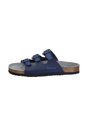 Navy blue slide sandal with three adjustable straps, gray footbed, cork midsole, black sole, and "Dr Brinkmann" logo on side.