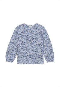 Langermet topp i lyseblåt stoff med blomstermønster som har blå og gule detaljer. Rund halslinning og rynkede ermer.