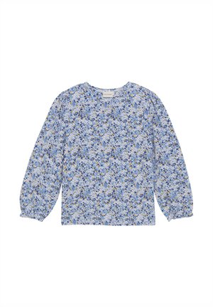 Langermet topp i lyseblåt stoff med blomstermønster som har blå og gule detaljer. Rund halslinning og rynkede ermer.