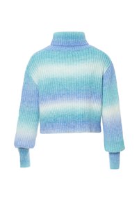 Pulover croșetat cu guler înalt și textură cu modele ondulate. Design în degrade de nuanțe de albastru și turcoaz. Lungime scurtă, cu mâneci lungi și manșete ajustate.