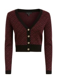 Lyhytnen burgundinvärinen neuletakki, jossa on musta geometrinen kuvio, V-kaula-aukko ja viisi kultasävyistä nappia edessä. Pehmeä neulemateriaali, istuvat hihat.