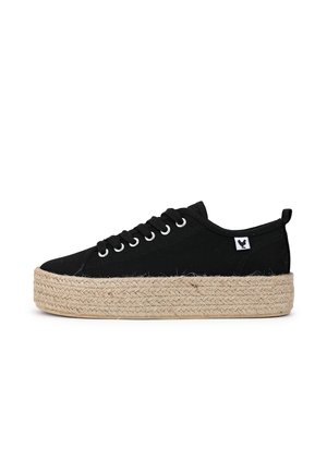 Black canvas sneaker with a thick woven jute platform sole. Features metal eyelets and a small logo tag on the side. Simple, low-profile design.