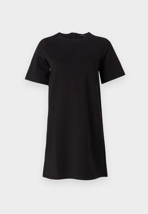 Μαύρο φόρεμα κοντό μανίκι με στρογγυλή λαιμόκοψη και φερμουάρ στην πλάτη. Απλός σχεδιασμός από μαλακό ύφασμα, που φτάνει μέχρι το μέσο του μηρού.
