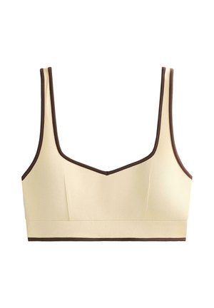 Bralette beige avec un décolleté carré, bordure marron le long des bords et des bretelles, fabriqué en matériau doux et extensible avec une texture subtile.