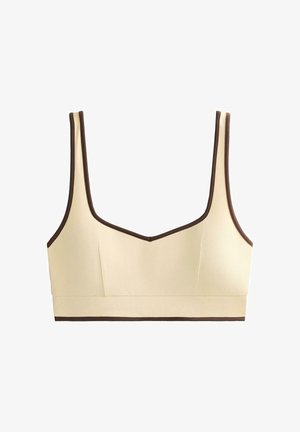 Bež nedrček s kvadratnim izrezom, rjavim robom ob robovih in naramnicah, narejen iz mehke, raztegljive tkanine z nežno teksturo.