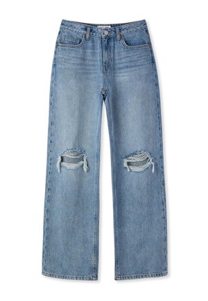 Jeans in denim azzurro chiaro con vita alta, gamba larga e due buchi usurati sopra le ginocchia. Presentano cinque tasche e una chiusura con bottone.