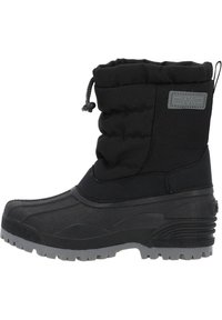 Stivale invernale nero con parte superiore in nylon imbottito, parte inferiore in gomma, lacci regolabili al polpaccio e suola testurizzata e robusta per una migliore trazione.