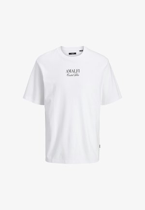 Hvid bomulds t-shirt med rund hals, korte ærmer og sort "AMALFI Coastal Bliss" tekst trykt på forsiden.