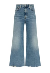 Jeans in denim di lavaggio azzurro chiaro, a vita alta, design a gamba larga, orlo sfilacciato, stile a cinque tasche, chiusura con bottoni e passanti per cintura.