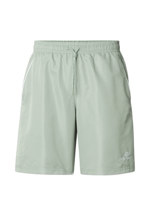 Lys grønne shorts med elastisk midjebånd, snor, sidelommer og liten hvit logo nederst på høyre ben.