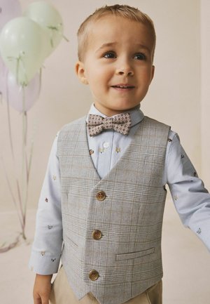 Mladý chlapec sa usmieva, nosí kockovanú vestu, vzorovaný motýlik a svetlomodrú košeľu s malými potlačami psíkov, v pozadí sú balóniky.