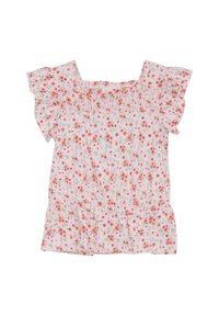 Blomsterbluse med korte flæsekorte ærmer, lavet af letvægtsstof. Har en lyserød baggrund med små orange og grønne blomstermønstre.