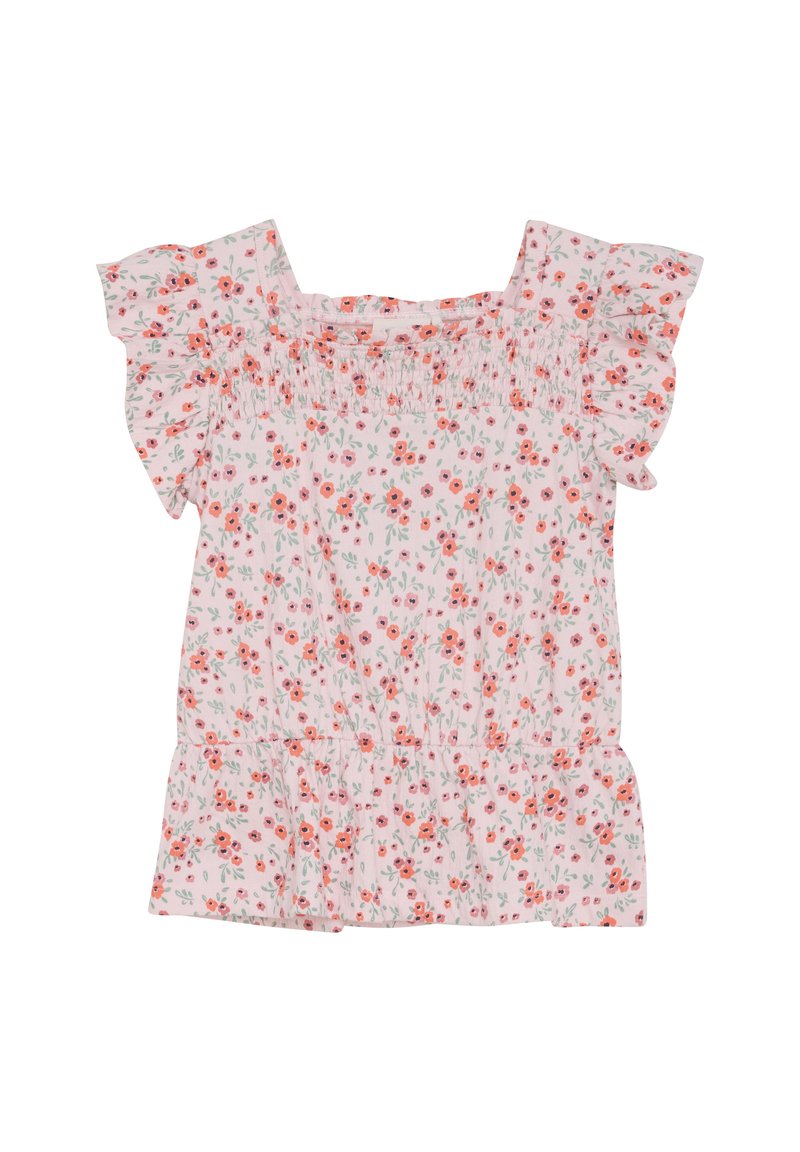 Blomsterbluse med korte flæsekorte ærmer, lavet af letvægtsstof. Har en lyserød baggrund med små orange og grønne blomstermønstre.