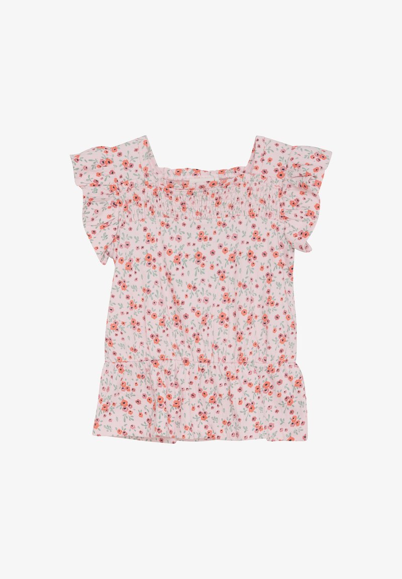 Blumenbluse mit kurzen, gerafften Ärmeln, aus leichtem Stoff gefertigt. Hat einen rosa Hintergrund mit kleinen orangen und grünen Blumenmustern.