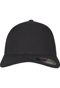 Schwarze Baseballkappe aus strukturiertem Stoff, mit gebogenem Schirm und ohne sichtbare Logos. Verfügt über ein Flex-Fit-Design für eine anpassbare Größe.