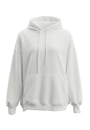Hvid oversized hættetrøje med front-kængurulomme, snøre i hætten og ribkant på ærmer og bund, vist mod en hvid baggrund.