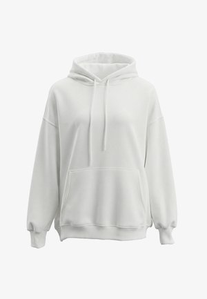 Felpa con cappuccio bianca oversize con tasca a marsupio frontale, cappuccio con coulisse e polsini e orlo a coste, mostrata su sfondo bianco.