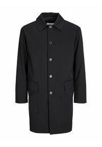 Black coat with a straight cut, featuring a pointed collar, front buttons, and two side pockets. Made of a smooth, matte fabric.