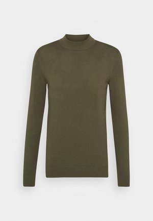 Olivgrüner, langärmeliger Rollkragenpullover aus einem weichen Strickstoff. Verfügt über einen gerippten Halsausschnitt und Abschlüsse, mit einer taillierten Passform.