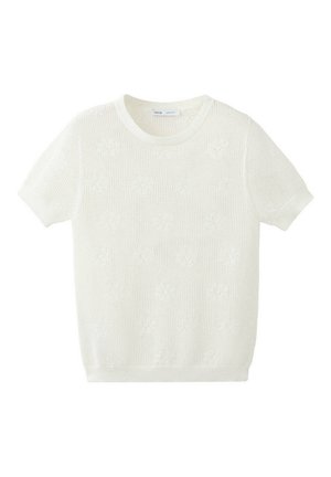 Maglione bianco a manica corta con motivo floreale e collo, polsini e orlo a coste, posato disteso su sfondo bianco.