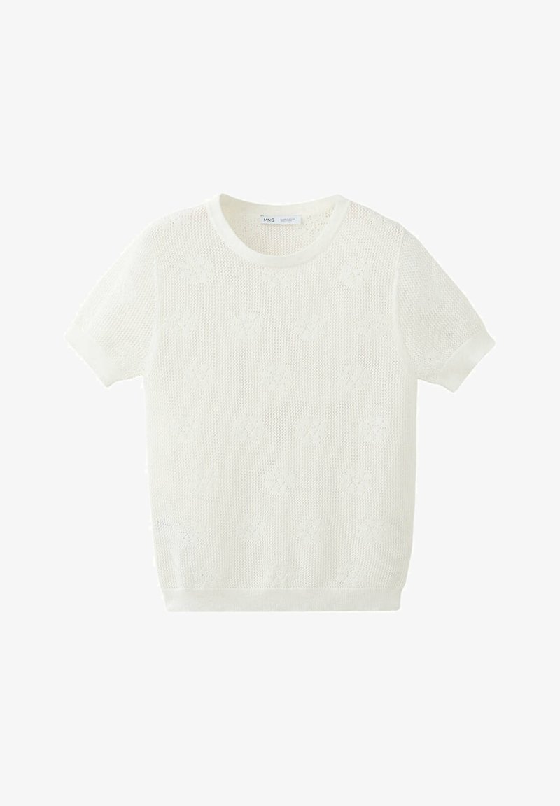 Pull tricoté blanc à manches courtes avec motif floral et col, poignets et ourlet côtelés, posé à plat sur un fond blanc.