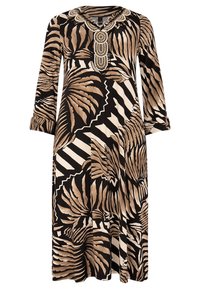 Kleid mit V-Ausschnitt, langen Ärmeln und einem Rundum-Blumen- und Streifenmuster in Schwarz, Beige und Braun. Besitzt dekorative Perlenverzierungen.