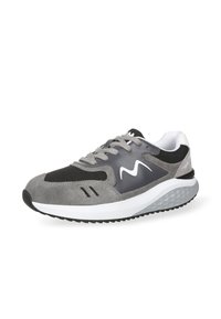 Gray athletic shoe with black and white accents. Features a suede and fabric mix, cushioned sole, and a wave pattern on the side.