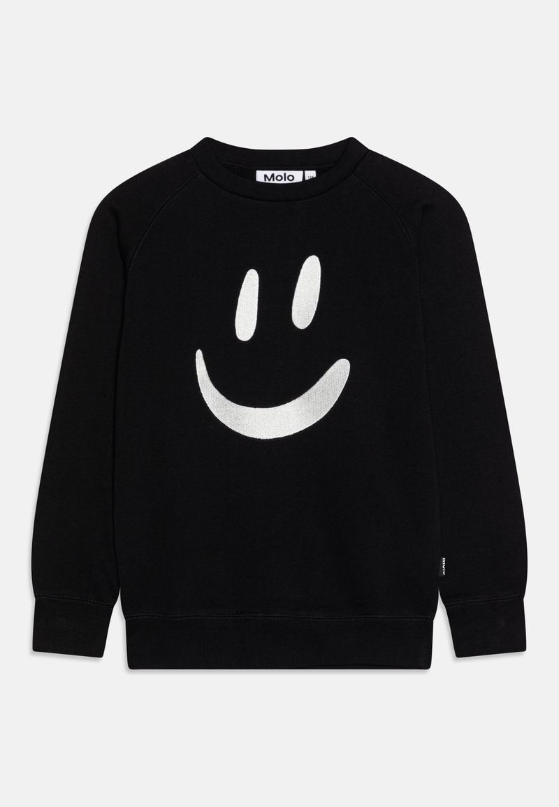 Sweat-shirt noir à manches longues avec un motif de visage souriant blanc à l'avant, col rond et poignets et ourlet côtelés.