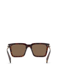 Lunettes de soleil rectangulaires en écaille avec des verres marron foncé et des accents dorés près des charnières, vues de face.