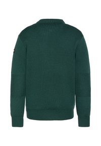 Ciemnozielony sweter dzianinowy z kołnierzykiem polo, z akcentami fakturowanych paneli na rękawach i ściągaczem na dole. Klasyczny krój.