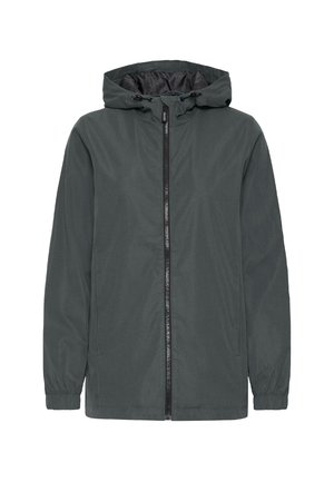 Hooded jakna u tamnosivoj boji, napravljena od glatkog materijala. Ima prednji zip, elastične manžetne i bočne džepove za funkcionalnost.