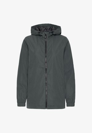 Veste à capuche en gris foncé, fabriquée en matériau lisse. Équipée d'une fermeture éclair à l'avant, de poignets élastiques et de poches latérales pour plus de fonctionnalité.