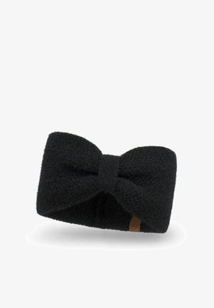 Zwart fleece haarband met een gedraaid knoopontwerp, zachte textuur en brede band, gedragen met een beige bovenkledingstuk.