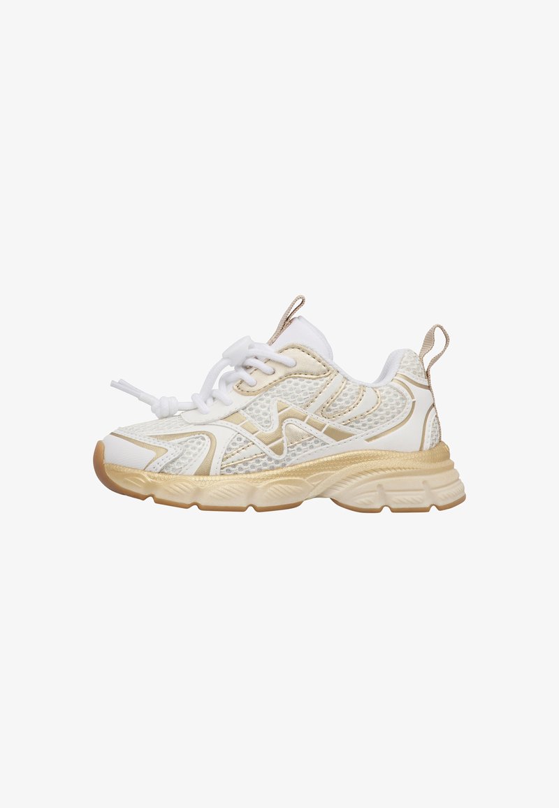 Scarpa sportiva da uomo in rete bianca e beige con suola spessa, chiusura con lacci e linguetta con tirante sia sulla parte superiore che sul tallone, vista dal lato sinistro.