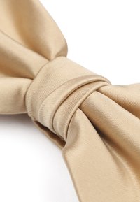 Beige satijnen vlinderdas met een gladde textuur en een geknoopte midden. De stof vertoont een subtiele glans en is netjes gevouwen.