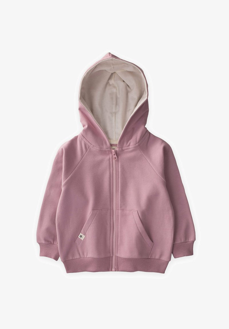 Roza hoodie s bijelim obodom kapuljače, puni zip, prednje džepove i rebraste manžete i donji rub. Mekana tkanina s glatkom teksturom.