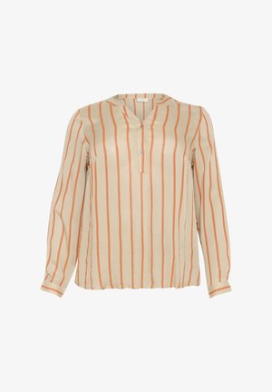 Bežs ilgu piedurkņu blūze ar vertikālām oranžām svītrām, pogu slēdzis un mīksta, gluda faktūra. Nedaudz izliekta apakšmala un rullēti piedurkņu gali.