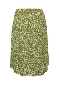 Fustă verde cu un model floral alb, făcută dintr-un material ușor, cu o talie elastică și o croială evazată.