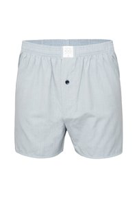 Světle šedé bavlněné trenýrky s elastickým pasem, jedním předním knoflíkem a přišitým štítkem v pase. Měkká textura a volný střih.