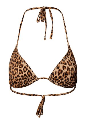 Top de bikini triunghiular cu șnur halter reglabil și legături în spate, cu model de leopard maro și negru.