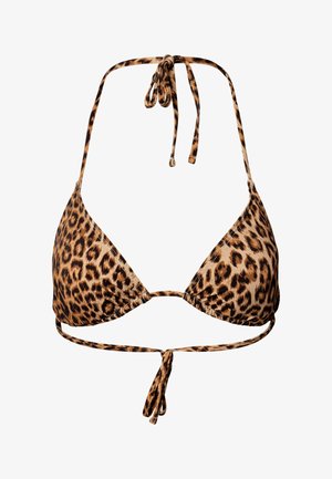 Kolmnurkne bikiini ülaosa reguleeritava kaeluse ja tagakinnituspaeltega, millel on pruunide ja mustade leopardimustriga disain.